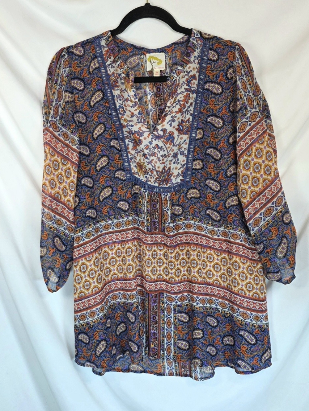 Fig & Flower Tunic Blouse Sz M Paisley Floral Mixed Split V Neck Boho Peasant